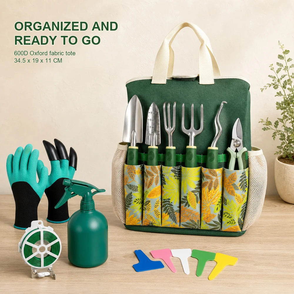 16 Piece Garden Tool Set Aluminum Alloy Gardening Hand Tools Kit with Floral Tote Bag Gloves Spray Bottle Plant Labels Twist Tie Trowel Transplanter Weeder Cultivator Hand Fork and Pruning Shears for Planting Weeding Pruning