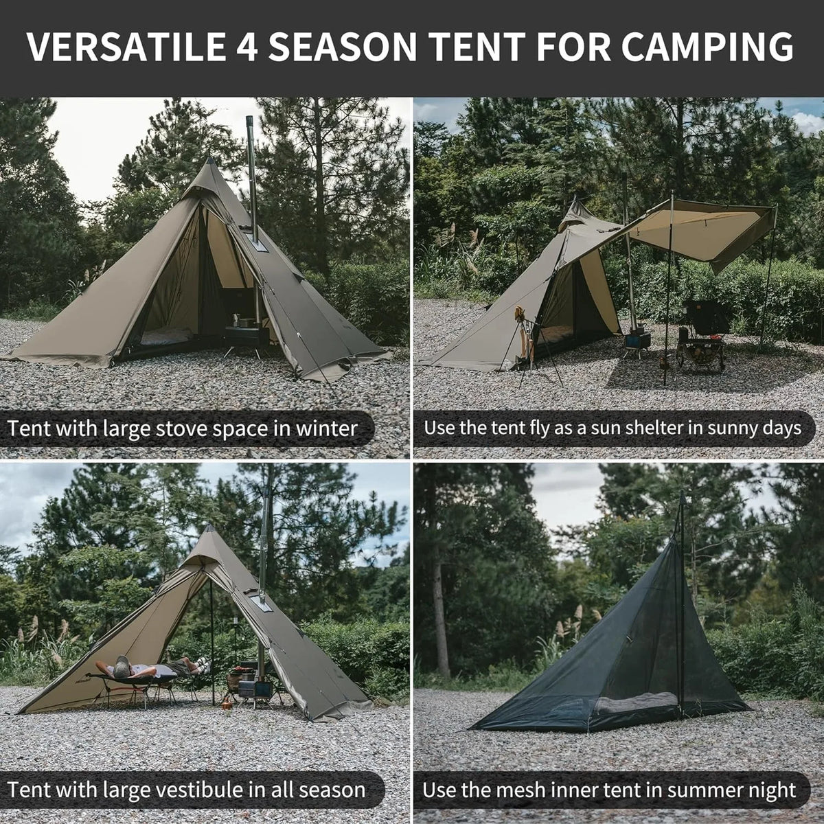 Naturehike 2-4 Person Chimney Tipi Camping Tent Pyramid