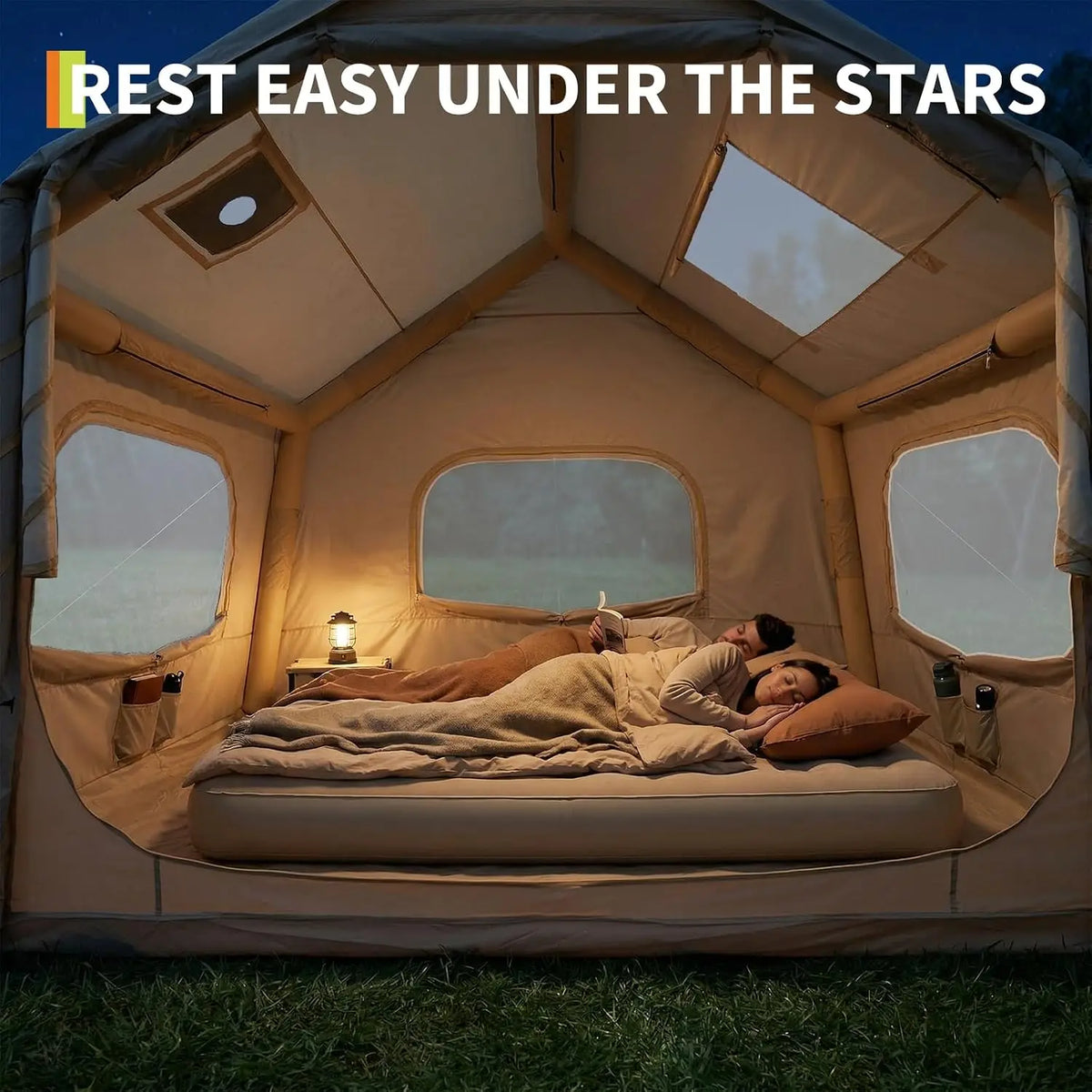 4 to 6 Person Inflatable Camping Tent 4 Season Large Family Air Tent with Roof Window Awning Stove Jack Hand Pump 10 x 8 Ft Floor 7 Ft Peak Height Waterproof Oxford Fabric Dual Doors Mesh Windows for Fall Winter Hiking Campin