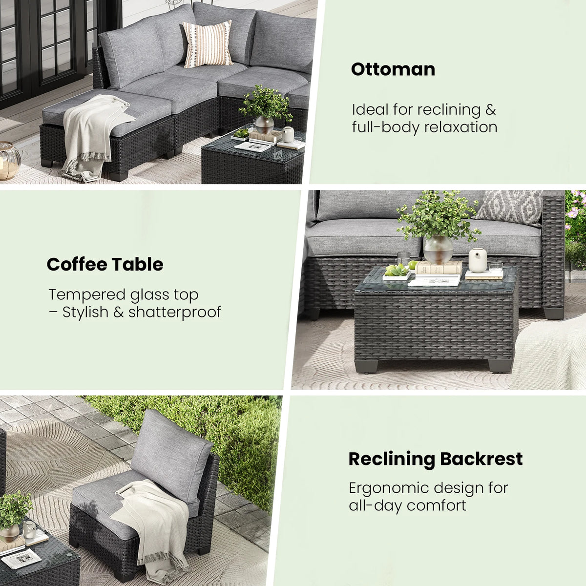 Soohow Outdoor Rattan Patio Sectional Sofa With Ottoman