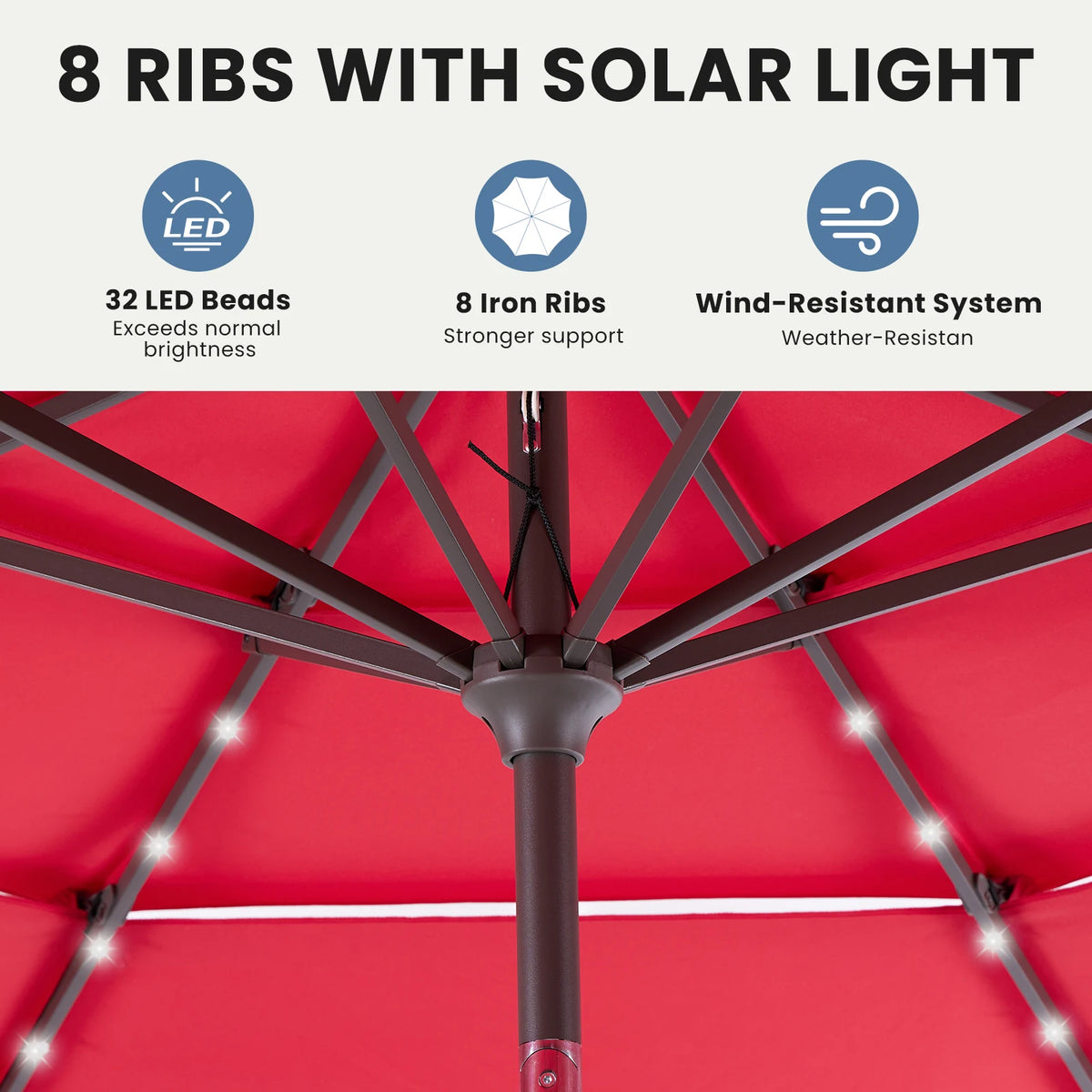 JHK Outdoor 10 Ft Solar Patio Umbrella With LED Lights