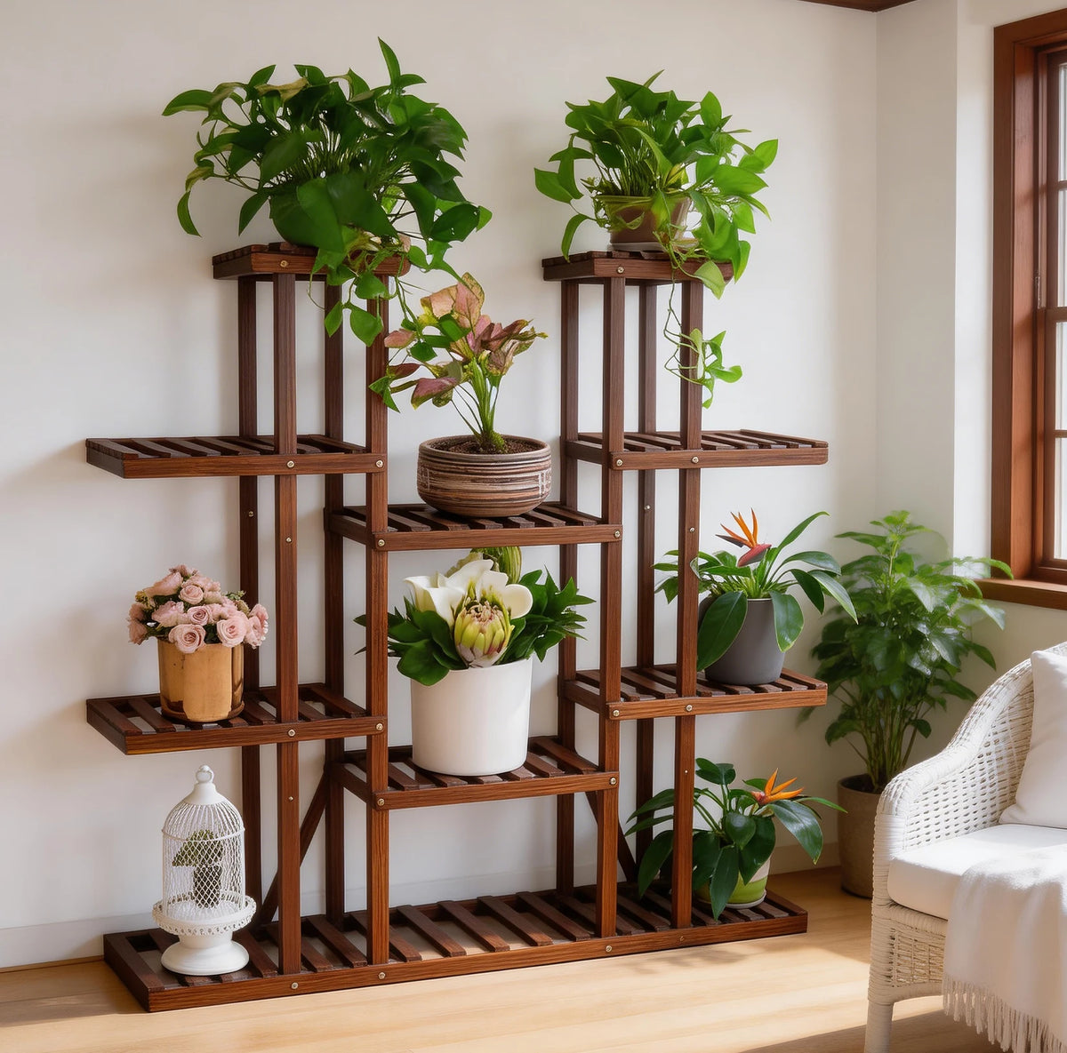 Wood Multi-Tiered Plant Stand Reinforced Flower Display Rack for Outdoor Indoor Decor