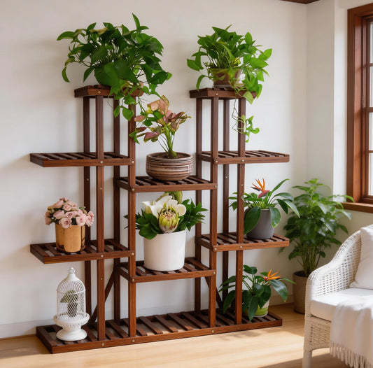 Wood Multi-Tiered Plant Stand Reinforced Flower Display Rack for Outdoor Indoor Decor