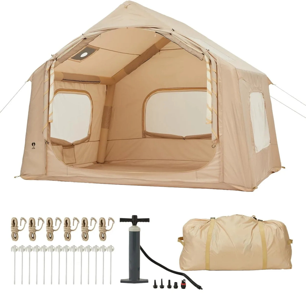 4 to 6 Person Inflatable Camping Tent 4 Season Large Family Air Tent with Roof Window Awning Stove Jack Hand Pump 10 x 8 Ft Floor 7 Ft Peak Height Waterproof Oxford Fabric Dual Doors Mesh Windows for Fall Winter Hiking Campin