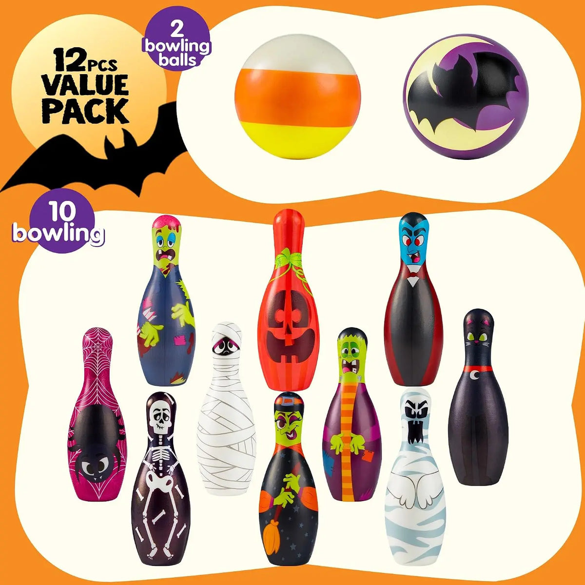 Foam Bowling Set Halloween Gift for Kids Toys Party Supplies Get-Together Party Game Day Events Indoor Outdoor Toy Game with 10 Pins & 2 Balls Fun Sports Games Birthday Parties