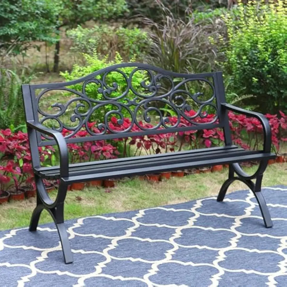 Outdoor Antique Iron Bench With Floral Backrest And Sturdy Arms