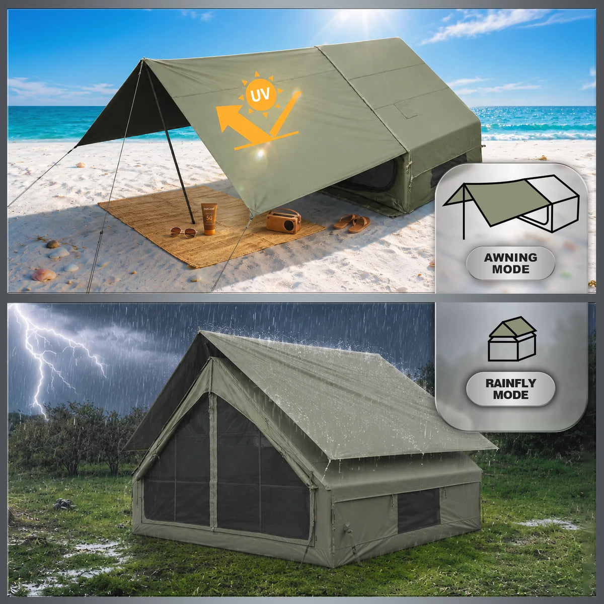 SENLEETO Inflatable Tent 420D Oxford 3-4 Person Portable Blow up Air Camping Tent with Canopy/Rain Fly, Stove Jack AC Vent for Outdoor Glamping