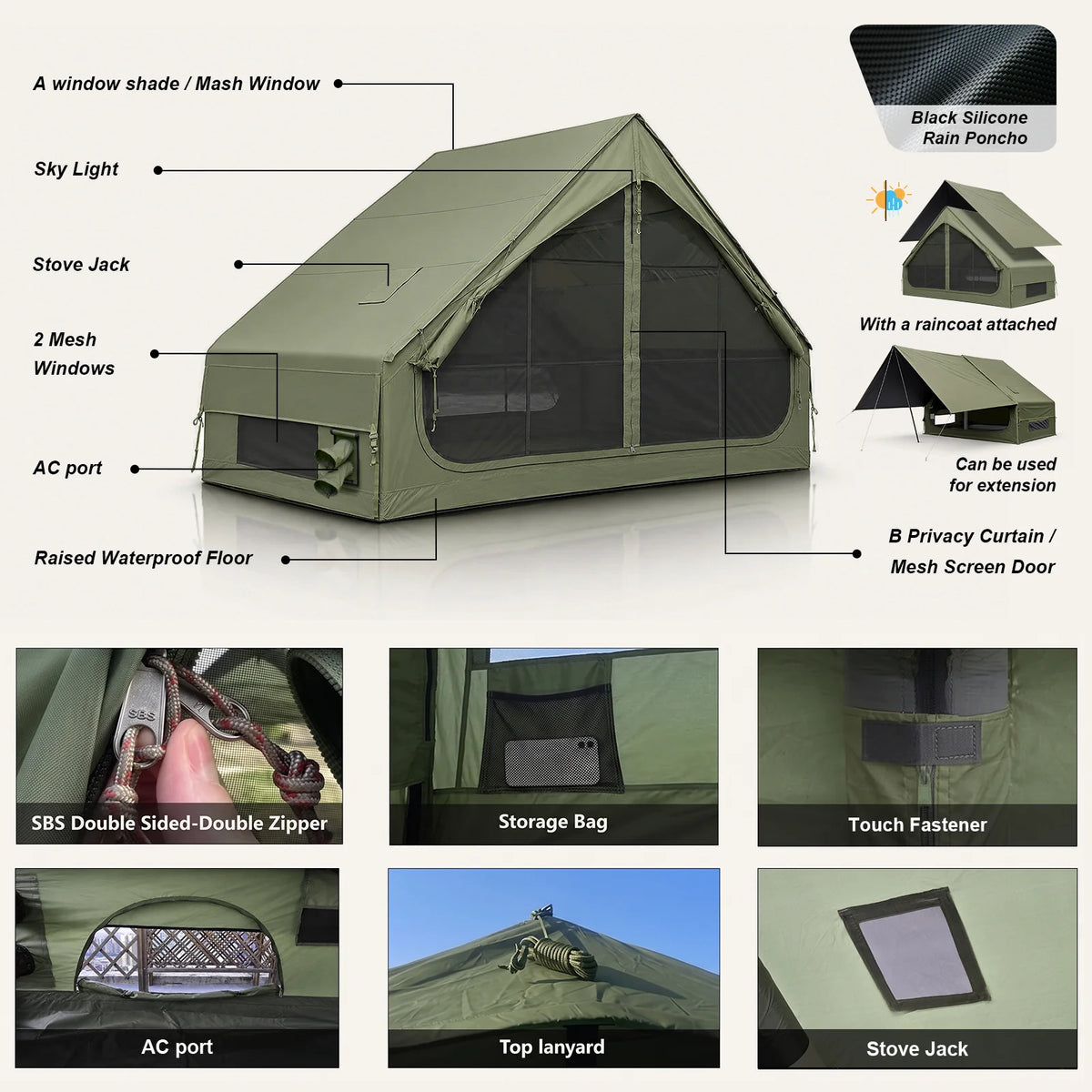 SENLEETO Inflatable Tent 420D Oxford 3-4 Person Portable Blow up Air Camping Tent with Canopy/Rain Fly, Stove Jack AC Vent for Outdoor Glamping