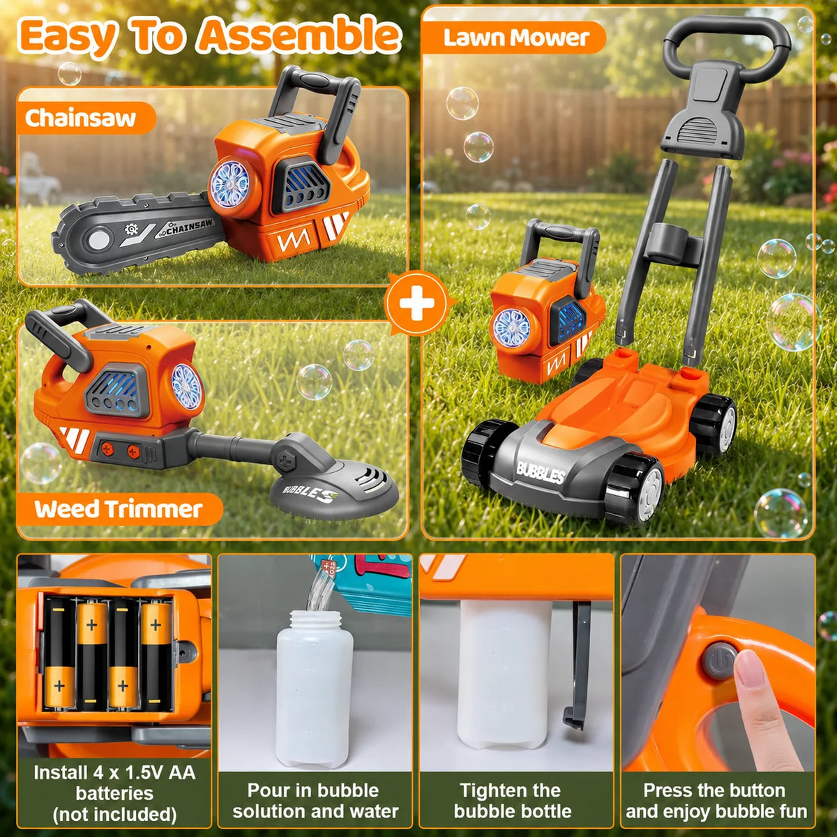Hotfree Bubble Lawn Mower for Kids, 3-in-1 Electric Bubble Machine Blower with 10 Bubble Solution, Summer Outdoor Push Toys for Toddlers Ages 3-8, Birthday Party Summer Gift for Boys Girls 3 4 5 6 7 8 Year