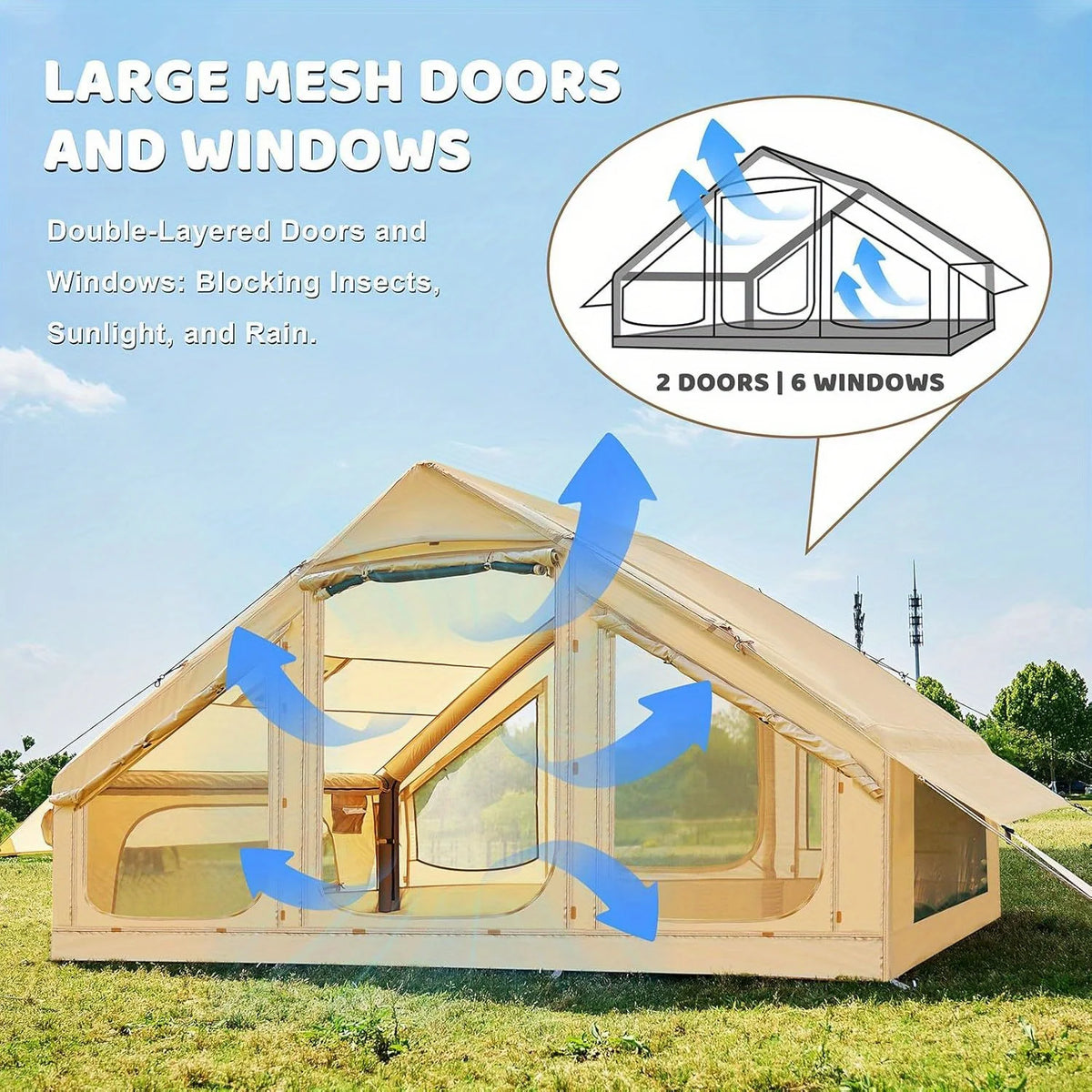 Inflatable Camping Tent 1-6 Person, Large Inflatable Camping Tent with Stove Jack, with Skylight and Double Doors, Outdoor Tent