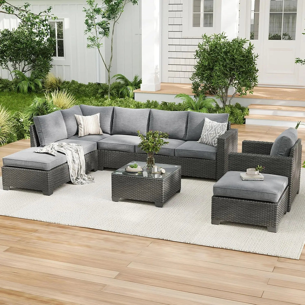 Soohow Outdoor Rattan Patio Sectional Sofa With Ottoman