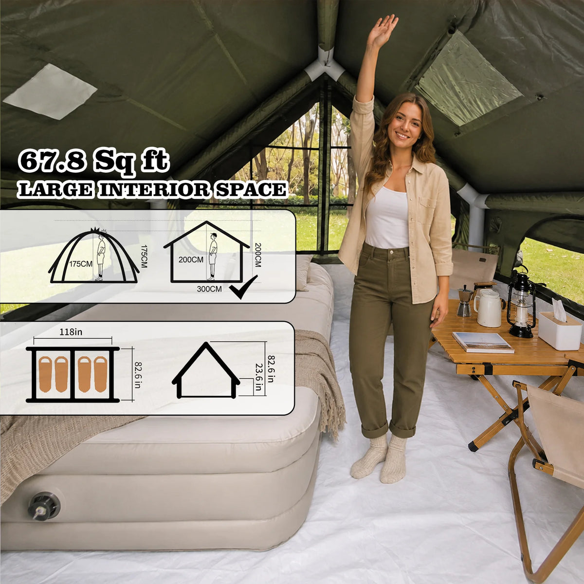 SENLEETO Inflatable Tent 420D Oxford 3-4 Person Portable Blow up Air Camping Tent with Canopy/Rain Fly, Stove Jack AC Vent for Outdoor Glamping