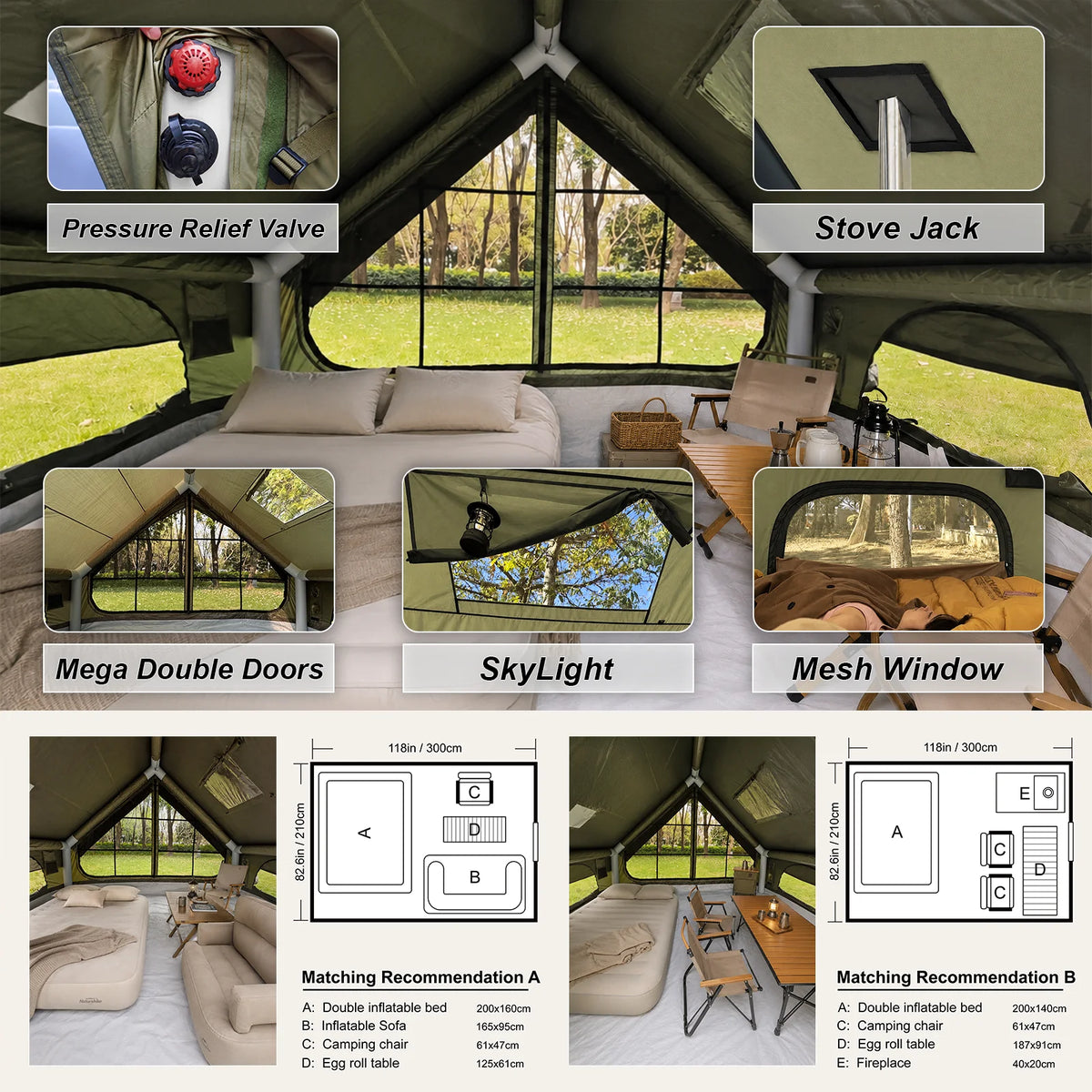 SENLEETO Inflatable Tent 420D Oxford 3-4 Person Portable Blow up Air Camping Tent with Canopy/Rain Fly, Stove Jack AC Vent for Outdoor Glamping
