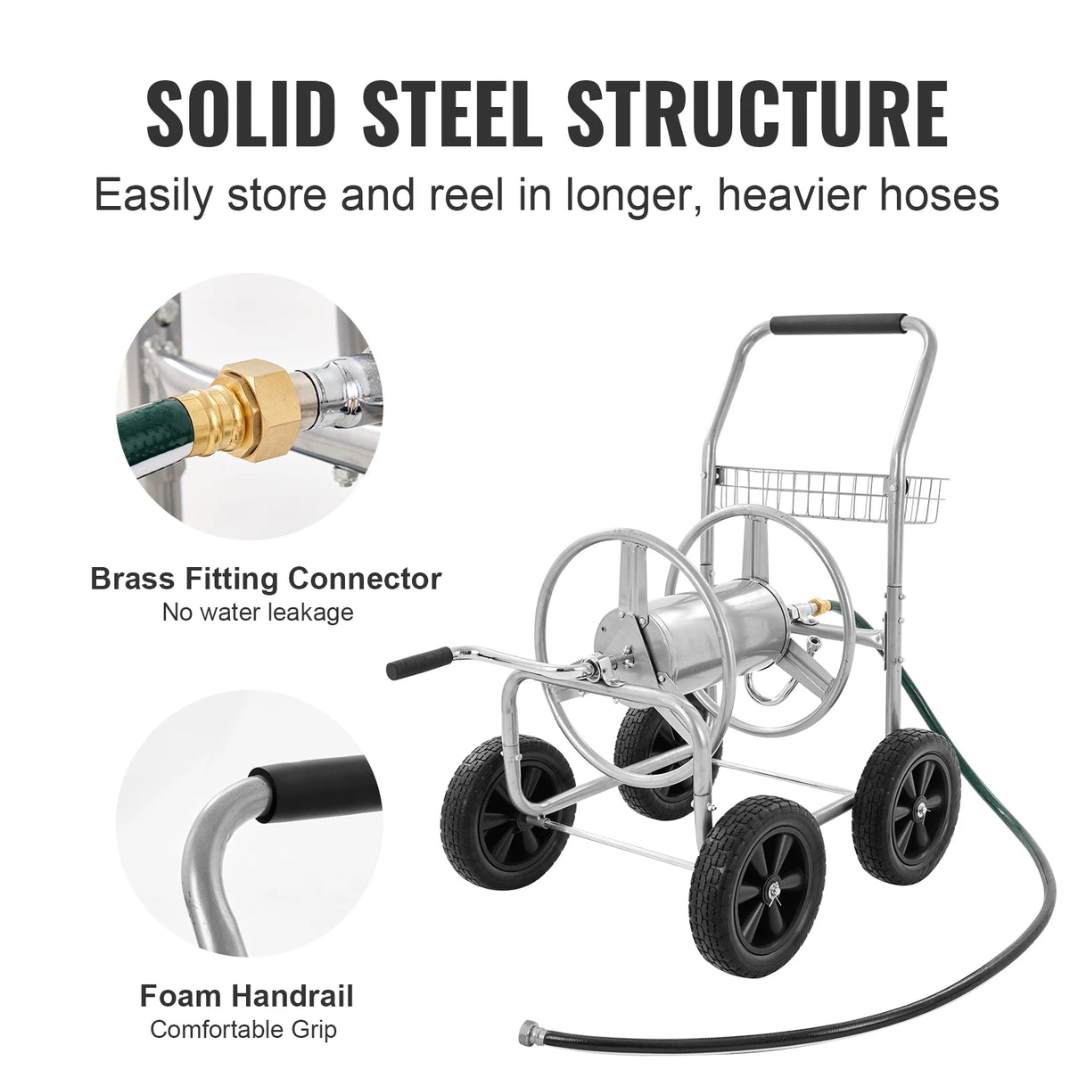 SucceBuy Heavy Duty Steel Garden Hose Reel Cart With Basket