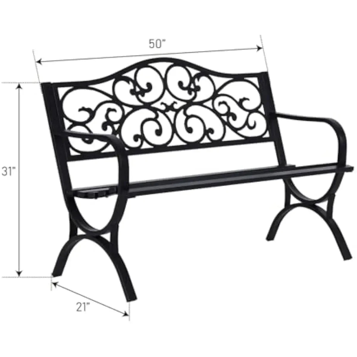 Outdoor Antique Iron Bench With Floral Backrest And Sturdy Arms
