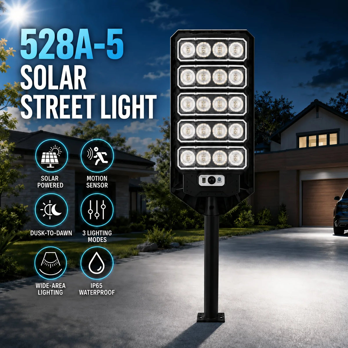 Outdoor Solar Street Light  4 Panel 5 Panel Motion Sensor Remote Control 3 Lighting Modes Dusk to Dawn Auto On Off IP65 Security Light Wall Pole Mount for Yard Driveway Garage Garden Patio