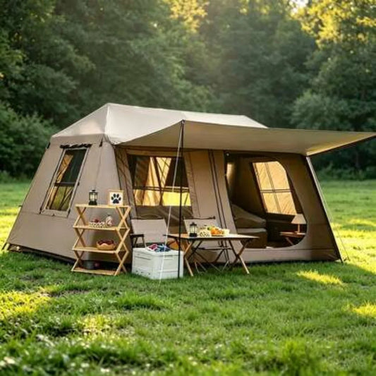 4 6 8 Person Camping Tent Retractable Awning Ventilation Windows UV Resistant Waterproof All Seasons Family Forest Sunset