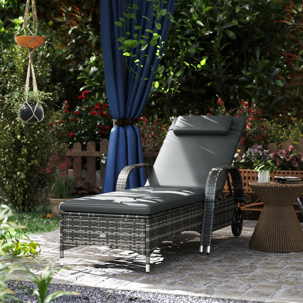 Outsunny Grey Metal PE Rattan Outdoor Reclining Sofa With Wheels
