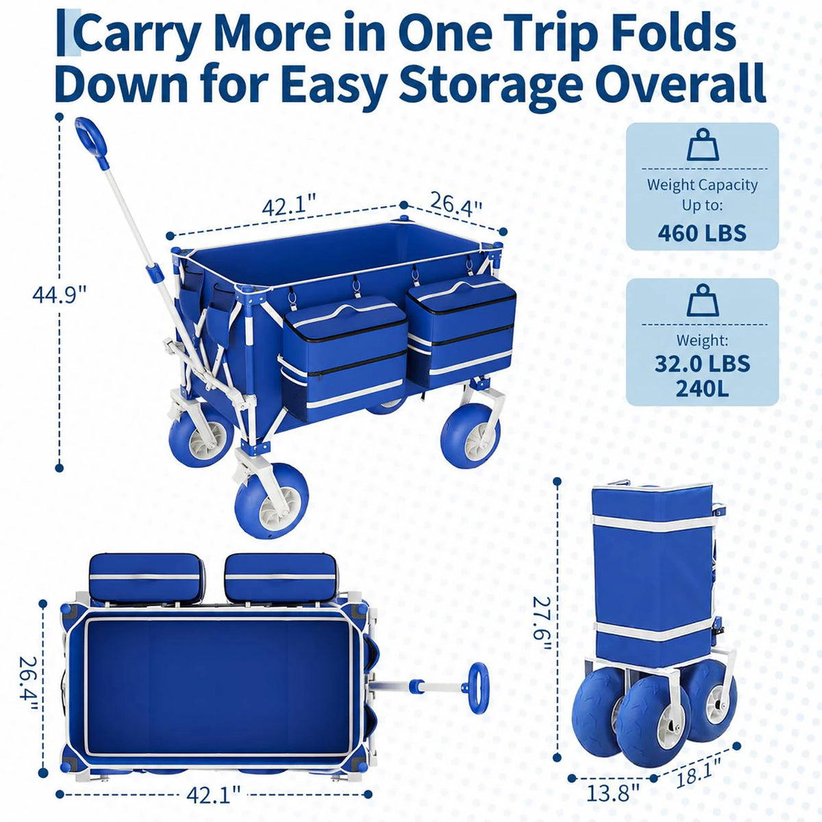 Heavy Duty Beach Wagon Cart 460LBS Folding Utility Wagon With 9in All-Terrain Wheels Adjustable Handle For Sand Camping