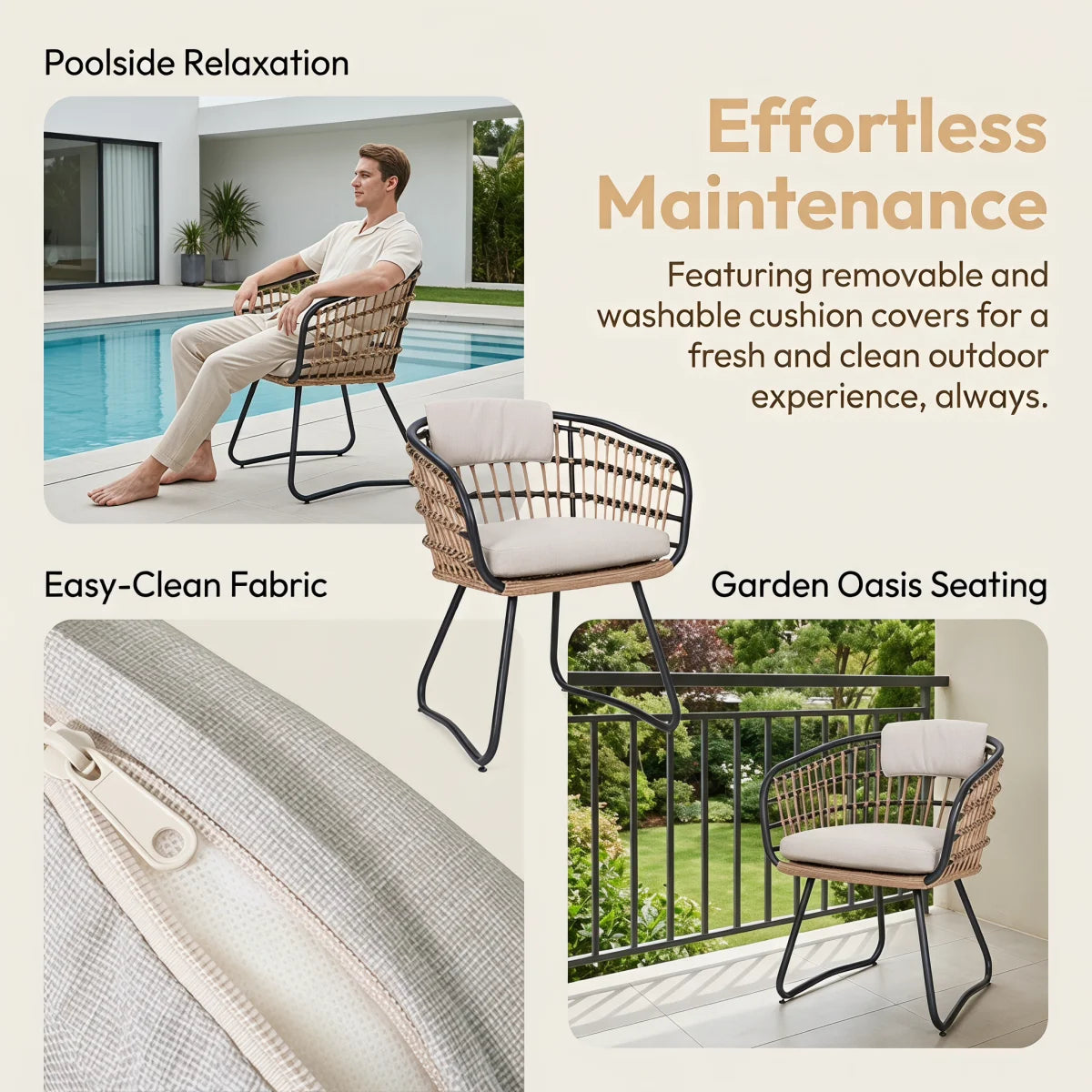 Outdoor Wicker Dining Chairs Set of 2, Patio Dining Chairs with Cushions, Rattan Dining Armchairs for Lawn, Garden, Poolside, Backyard, Porch, Beige    RR
