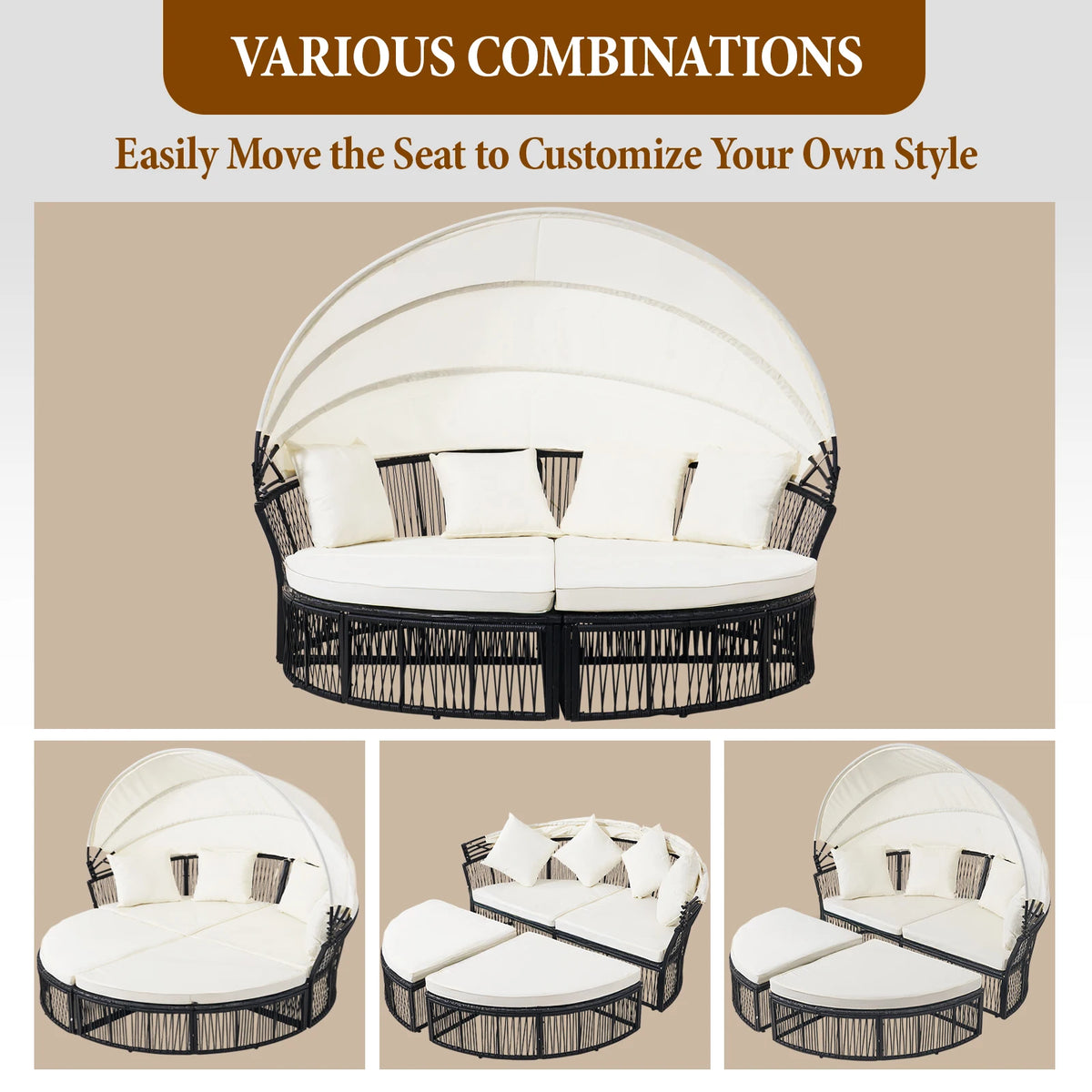 Outdoor Patio Furniture Set, Hand-woven Thin Wicker Round Daybed Patio Furniture with Foldable Sun Canopy & Cushioned Pillows, Breathable All-weather Outdoor Furniture Lounge Bed, Relax Outdoor Patio Furniture Set for Courtya