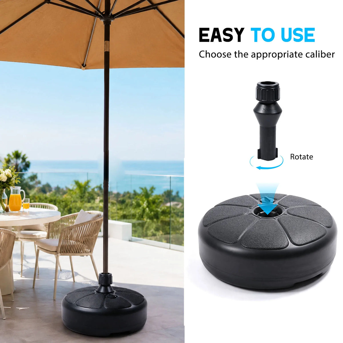 26lbs Fillable Water Sand Umbrella Base Stand, 38CM Round Patio Parasol Base Weight Holder Fit 36mm Outdoor Garden Beach Balcony Market Umbrella Pole, Heavy Duty Anti-Wind Umbrella Stand Base