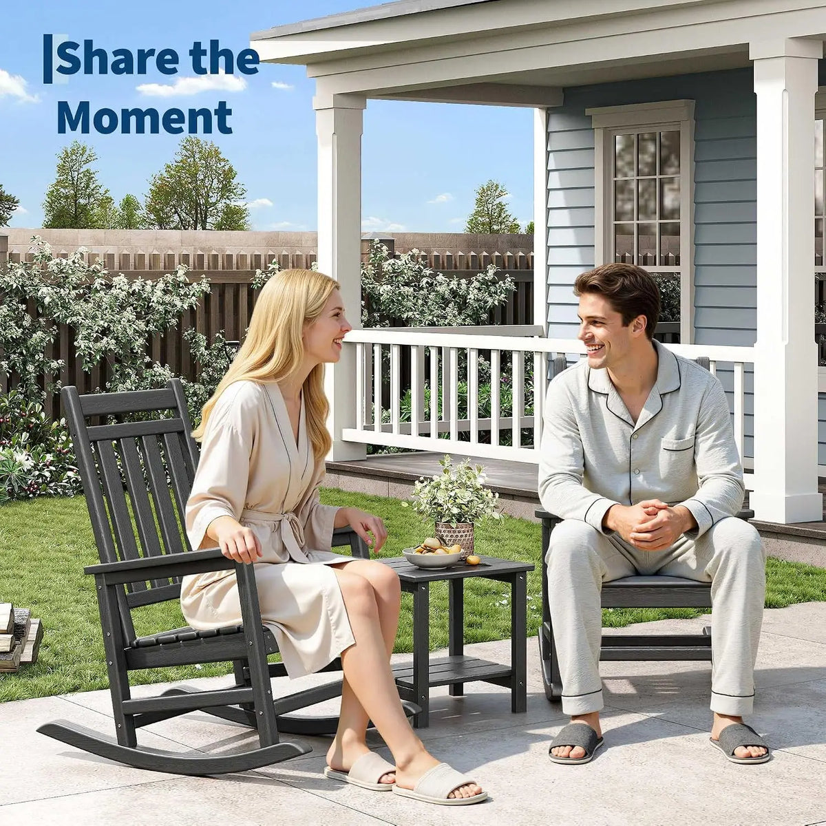 2PCS Rocking Chair Balcony Lazy Recliner Sleeping Rocking Chair Multifunctional Furniture with Side Table for Patio Front Porch