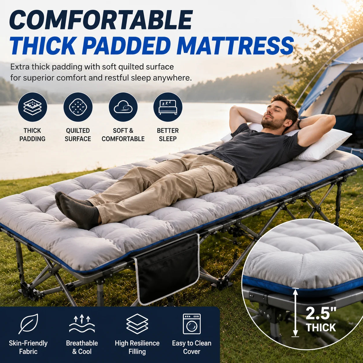 Portable Folding Camping Cot With Thick Padded Mattress For Travel