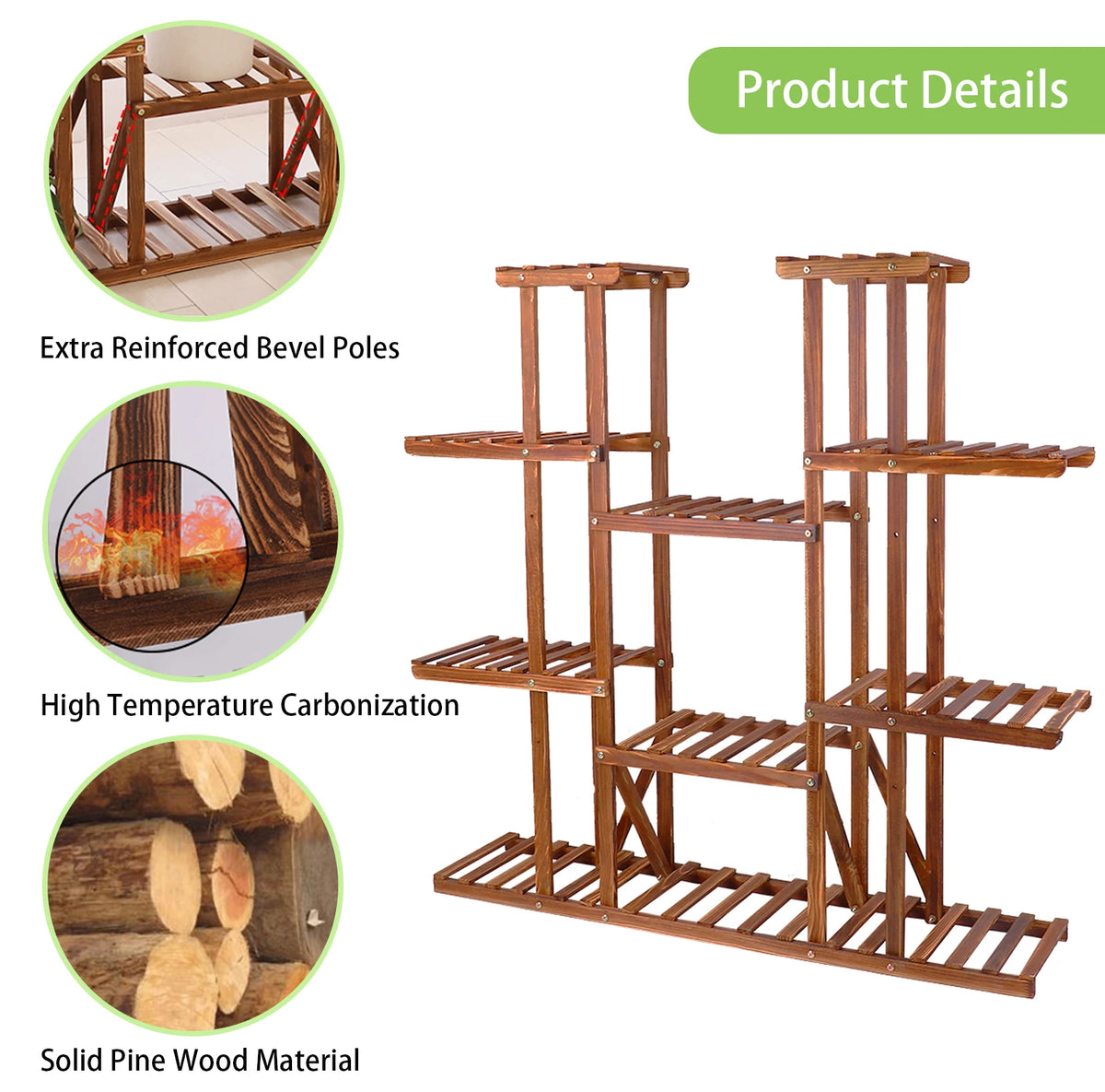 Wood Multi-Tiered Plant Stand Reinforced Flower Display Rack for Outdoor Indoor Decor