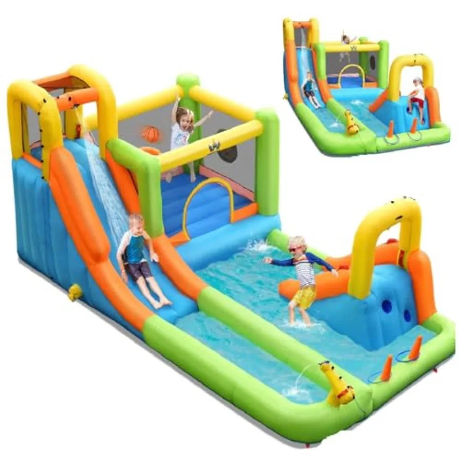 Inflatable Water Slide Featuring Dual Tracks And Splash Pool Design