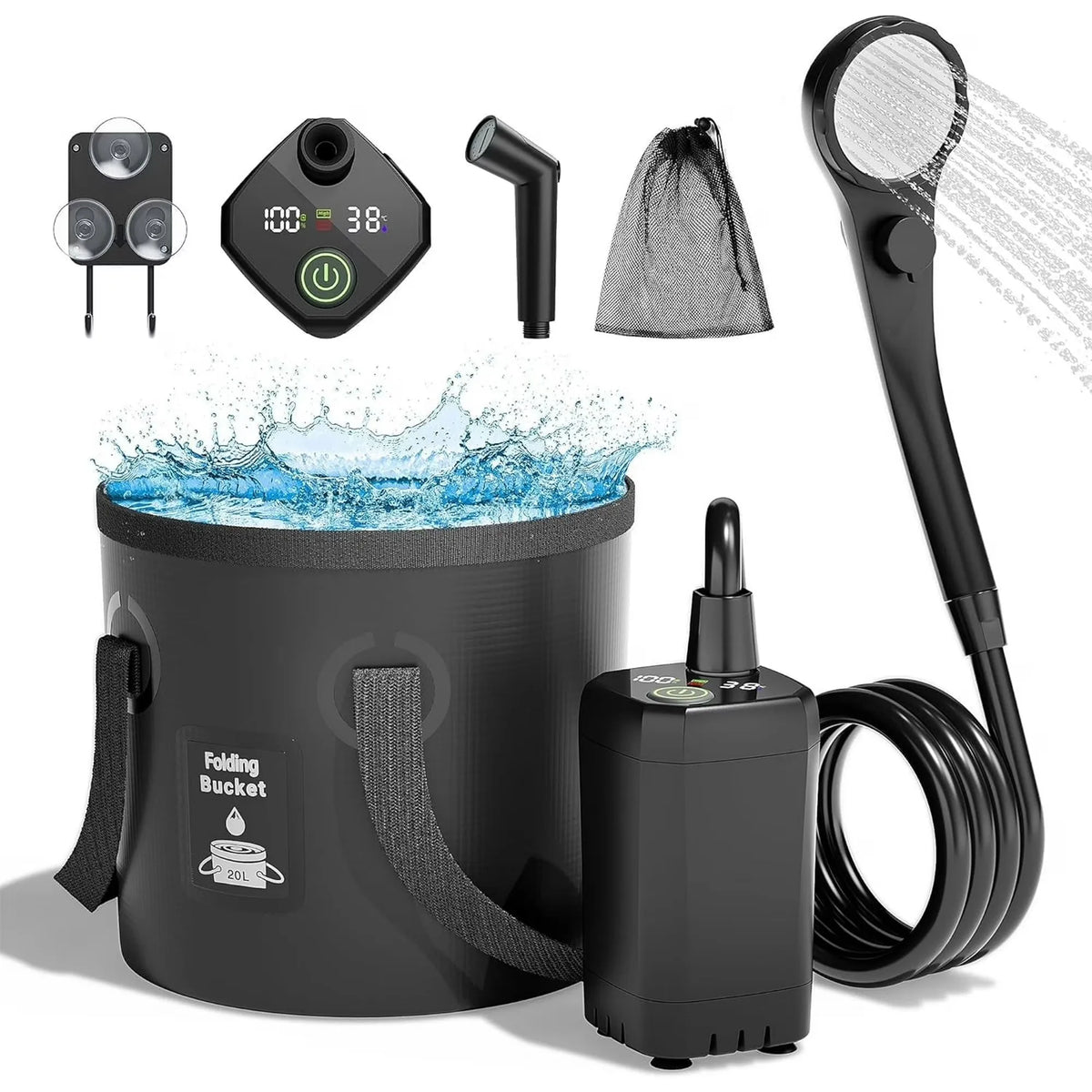 Moriko Portable Camping Shower Rechargeable Pump Collapsible Bucket LED Display