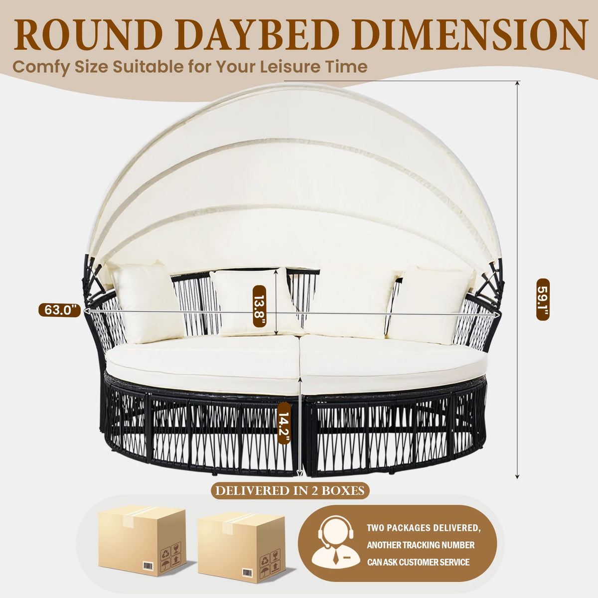 Outdoor Patio Furniture Set, Hand-woven Thin Wicker Round Daybed Patio Furniture with Foldable Sun Canopy & Cushioned Pillows, Breathable All-weather Outdoor Furniture Lounge Bed, Relax Outdoor Patio Furniture Set for Courtya