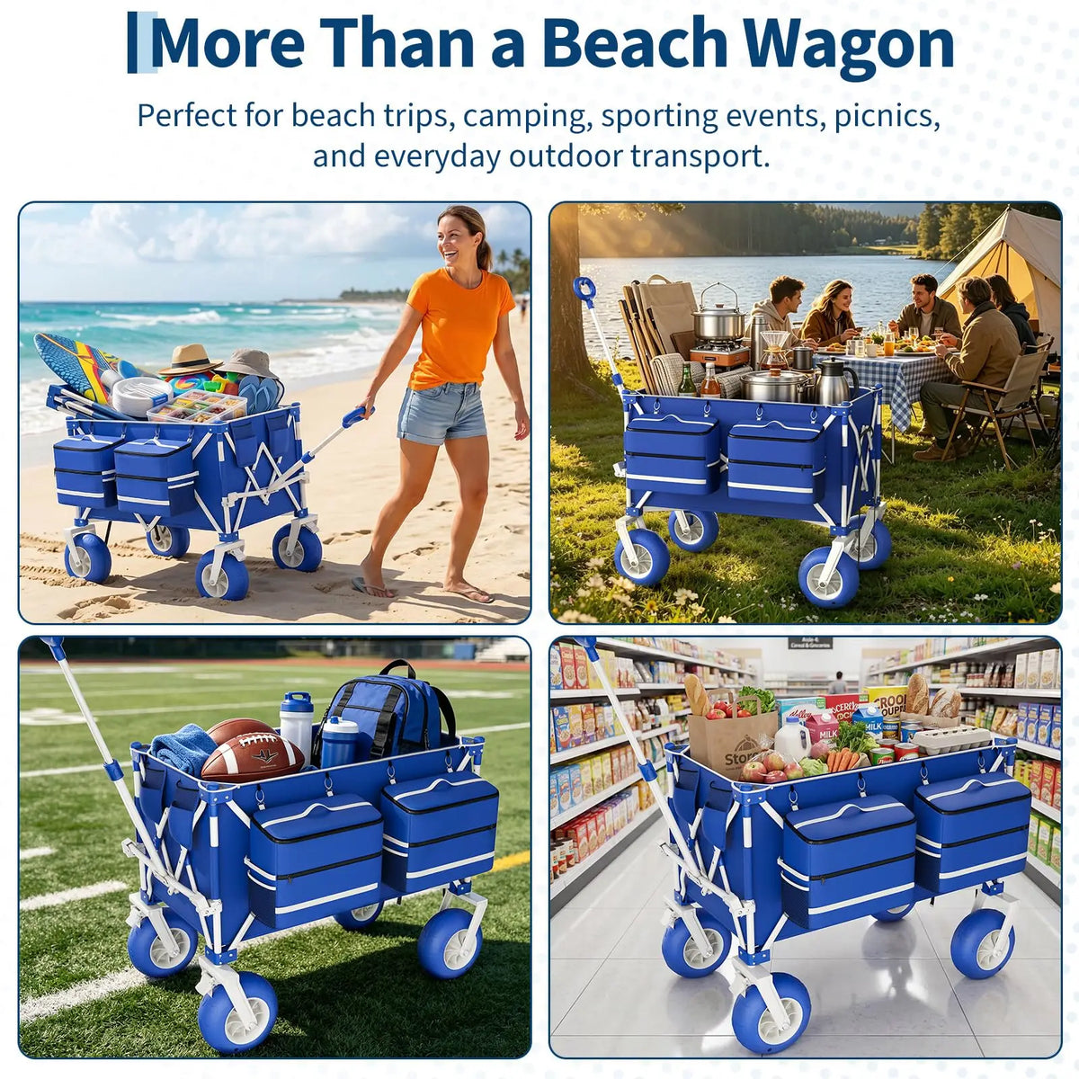 Heavy Duty Beach Wagon Cart 460LBS Folding Utility Wagon With 9in All-Terrain Wheels Adjustable Handle For Sand Camping