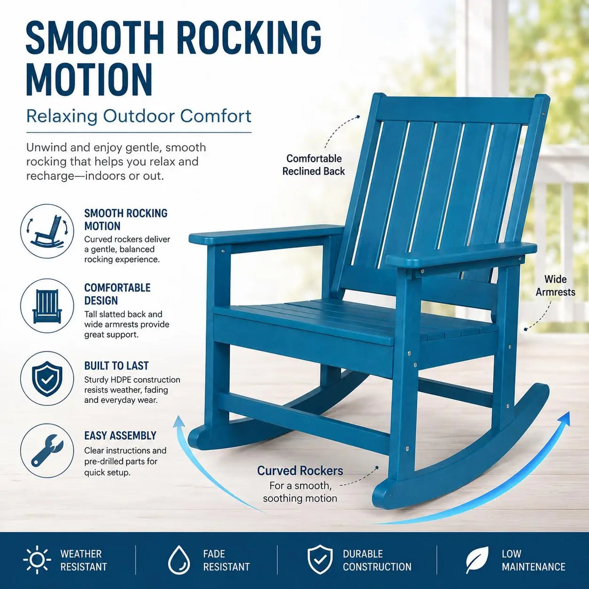 Ergonomic HDPE Outdoor Rocking Chair With Curved Back