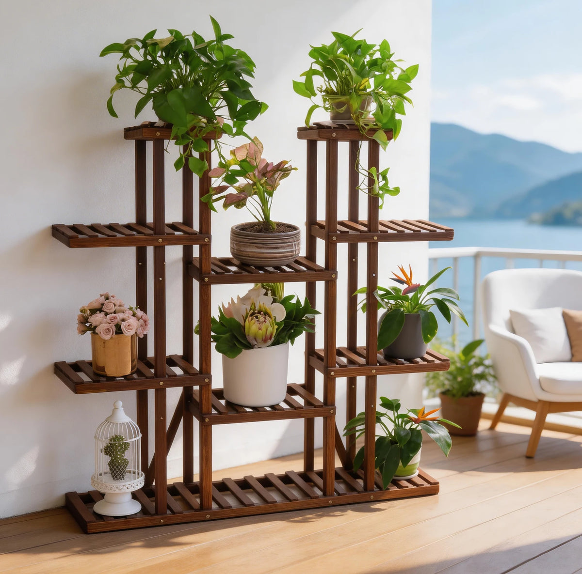 Wood Multi-Tiered Plant Stand Reinforced Flower Display Rack for Outdoor Indoor Decor