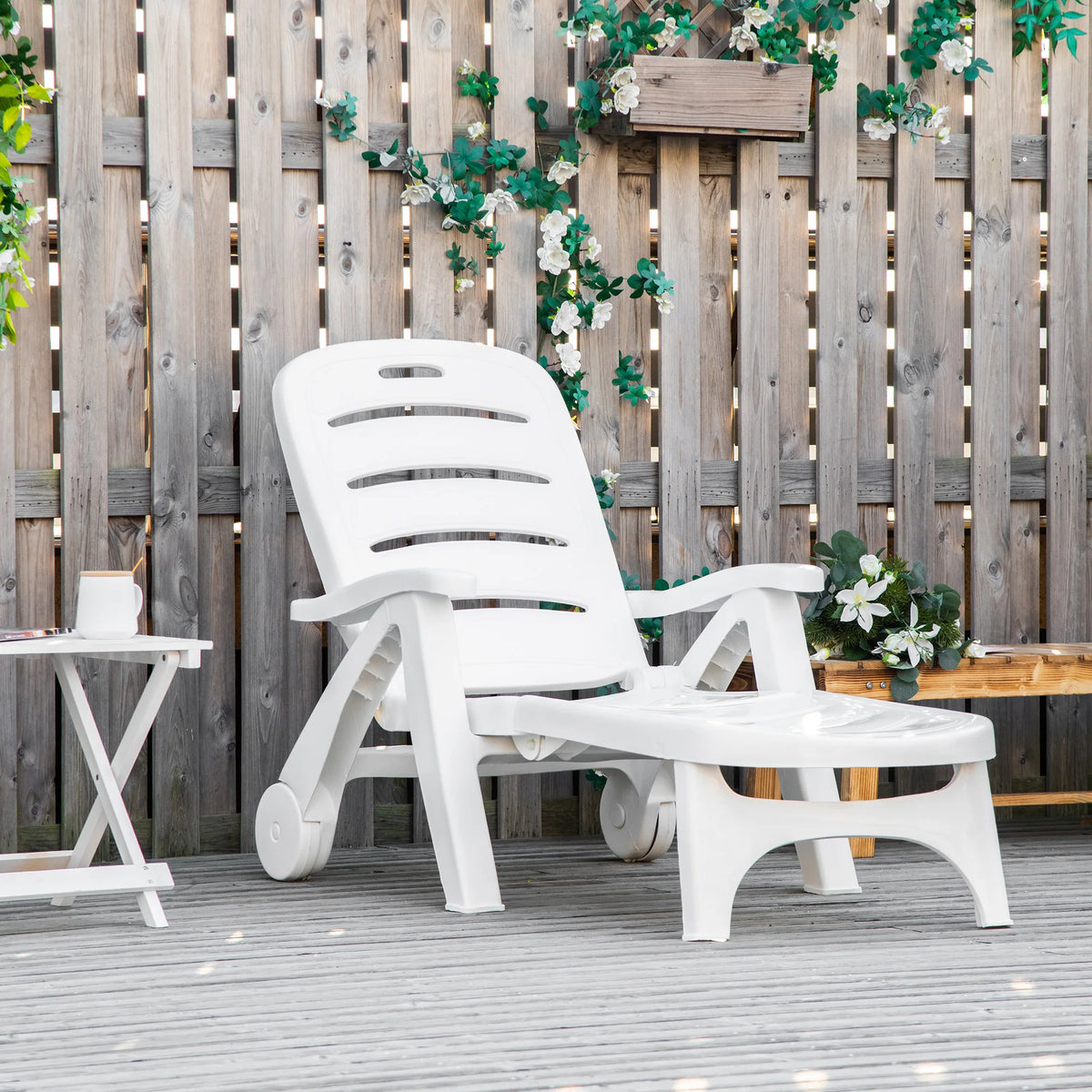 Outdoor Folding Chaise Lounge on Wheels, Reclining Sun, Beach, Pool Chair, White