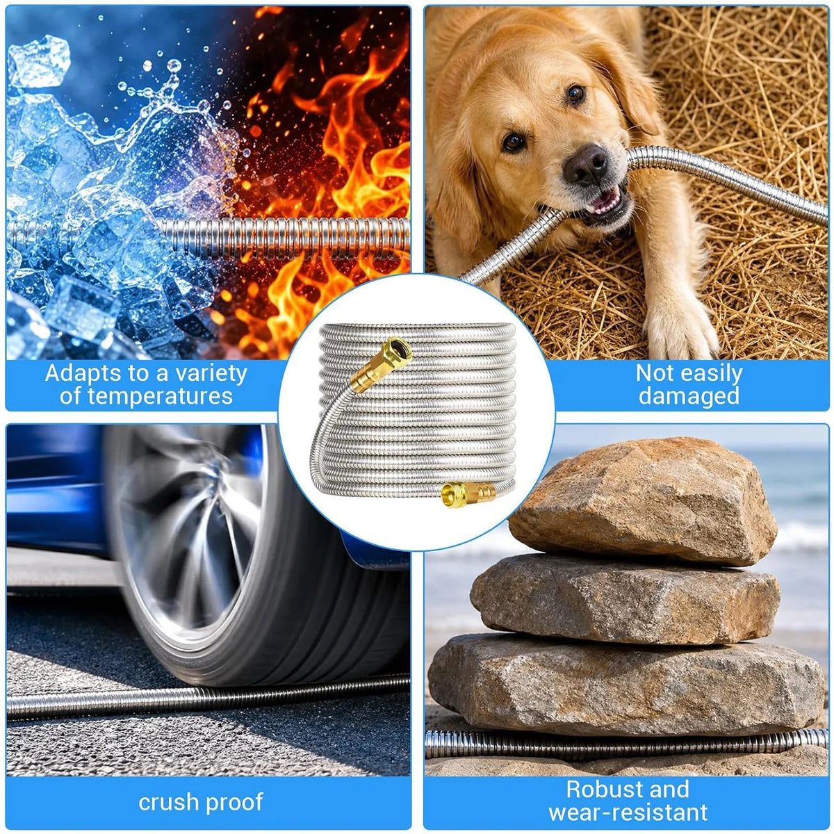 Heavy Duty Stainless Steel Garden Hose With Brass Nozzle, Kink Proof Flexible Metal Water Hose, 25/50/75/100FT