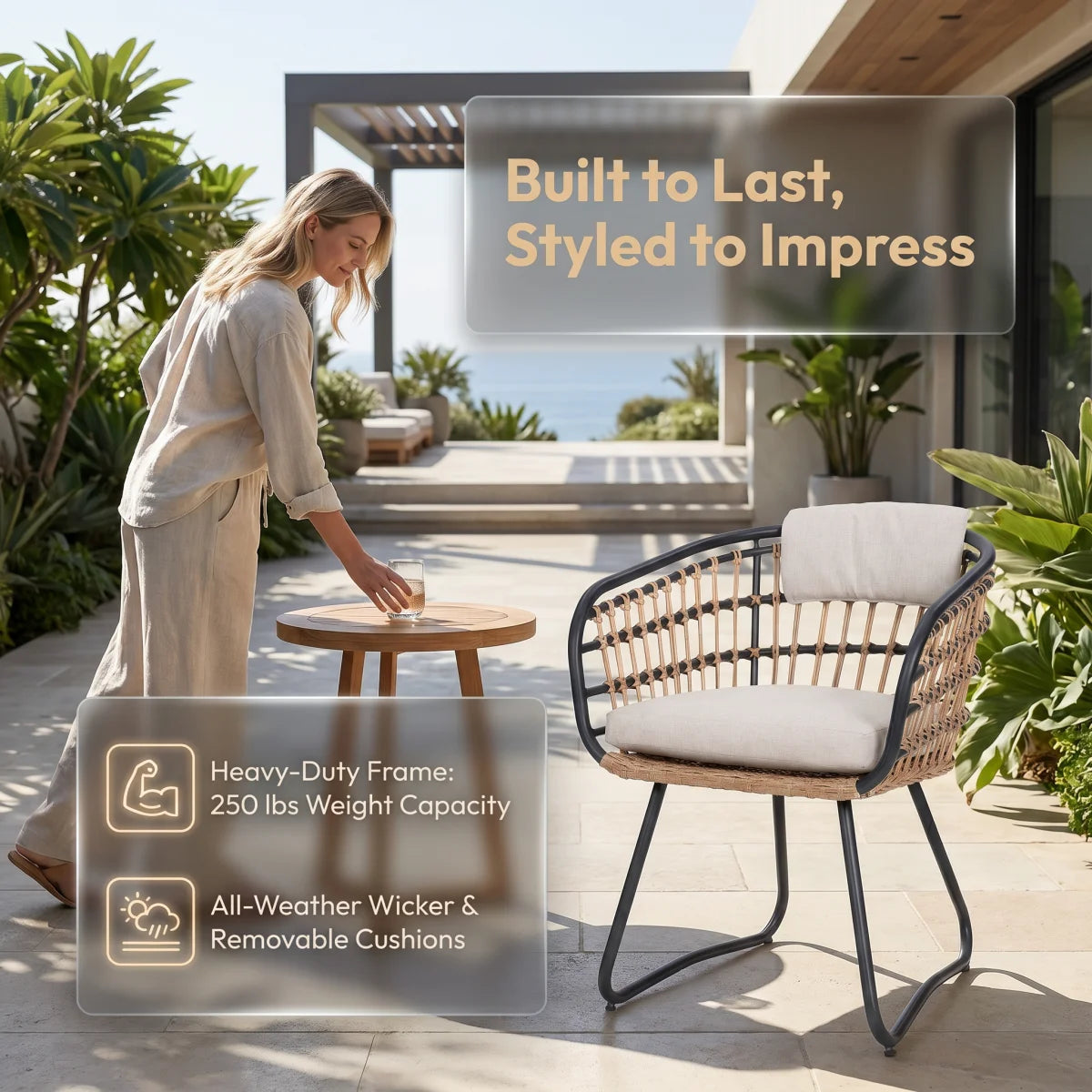 Outdoor Wicker Dining Chairs Set of 2, Patio Dining Chairs with Cushions, Rattan Dining Armchairs for Lawn, Garden, Poolside, Backyard, Porch, Beige    RR