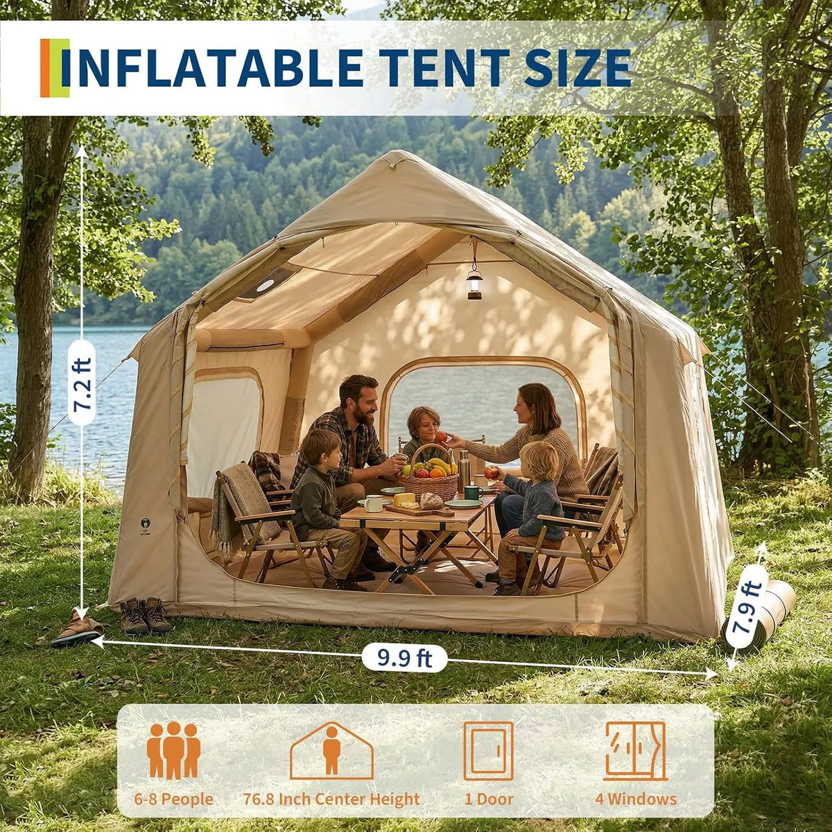 4 to 6 Person Inflatable Camping Tent 4 Season Large Family Air Tent with Roof Window Awning Stove Jack Hand Pump 10 x 8 Ft Floor 7 Ft Peak Height Waterproof Oxford Fabric Dual Doors Mesh Windows for Fall Winter Hiking Campin