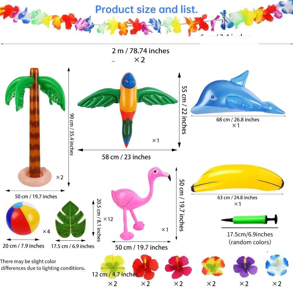 37 piece inflatable Hawaiian themed party set, including inflatable palm trees, inflatable banana beach balls, flamingo toys, flying parrots and dolphins, Hawaiian flower garlands, turtle back bamboo leaves, Hawaiian flowers,