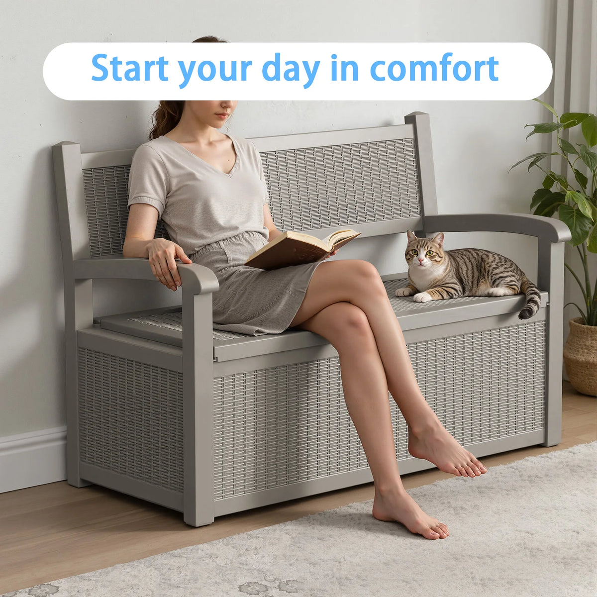 Weatherproof Rattan Look Outdoor Storage Bench For Patio Garden