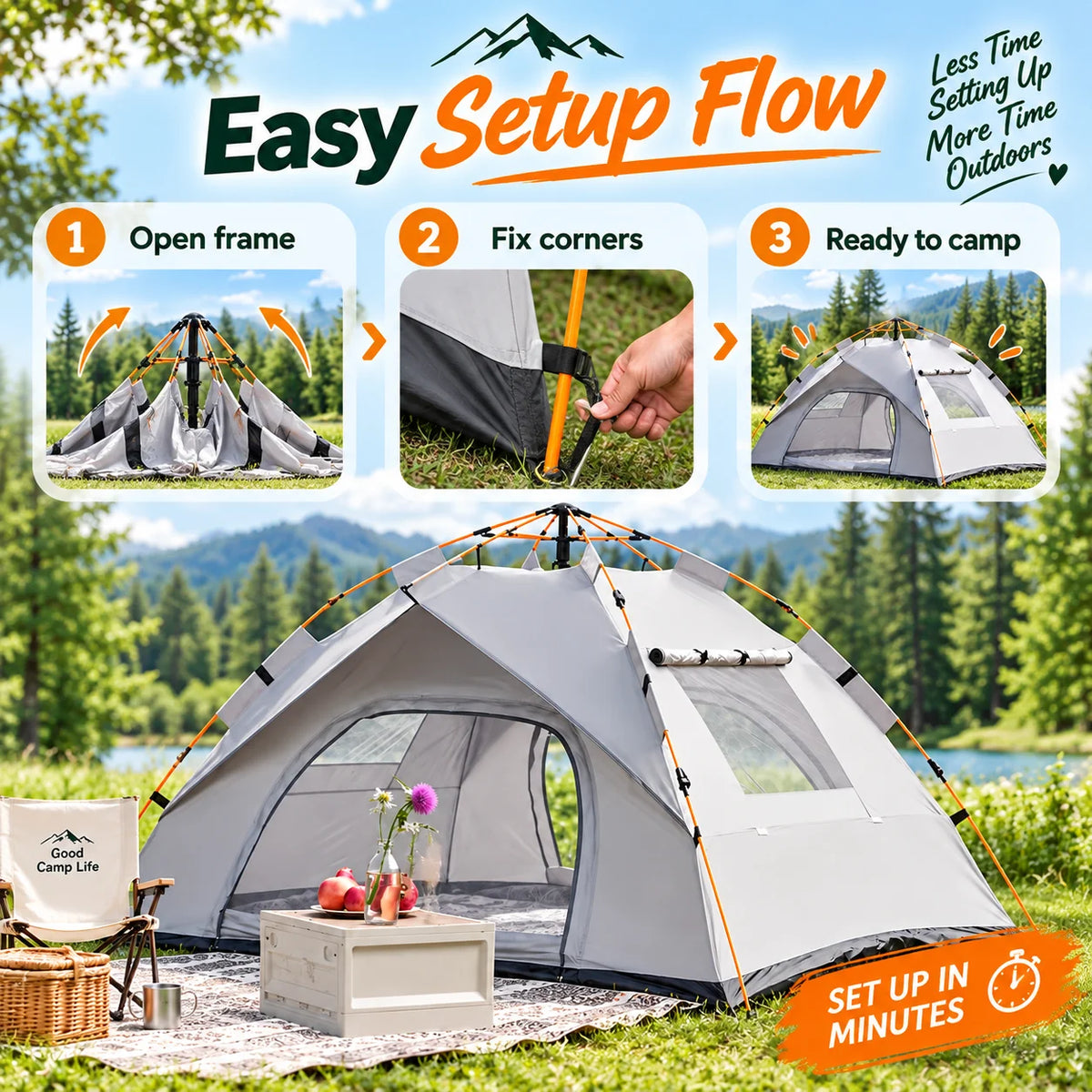 3-Second Quick Setup: Automatic Pop-Up Tent (No Assembly Required) — Featuring Fiberglass Poles and Oxford Fabric Canopy. An All-Season, Waterproof Camping Shelter with Zipper Closure, Ideal for Hiking, Travel, and the Beac