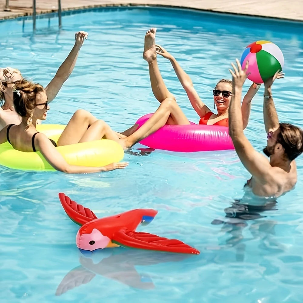 37 piece inflatable Hawaiian themed party set, including inflatable palm trees, inflatable banana beach balls, flamingo toys, flying parrots and dolphins, Hawaiian flower garlands, turtle back bamboo leaves, Hawaiian flowers,