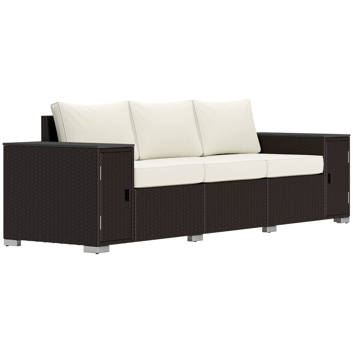 Wicker Outdoor Couch with Storage, Thickened Cushions, 3 Seater Patio Sofa with Wide Armrests and Seat for Porch, Garden, Yard, Cream White