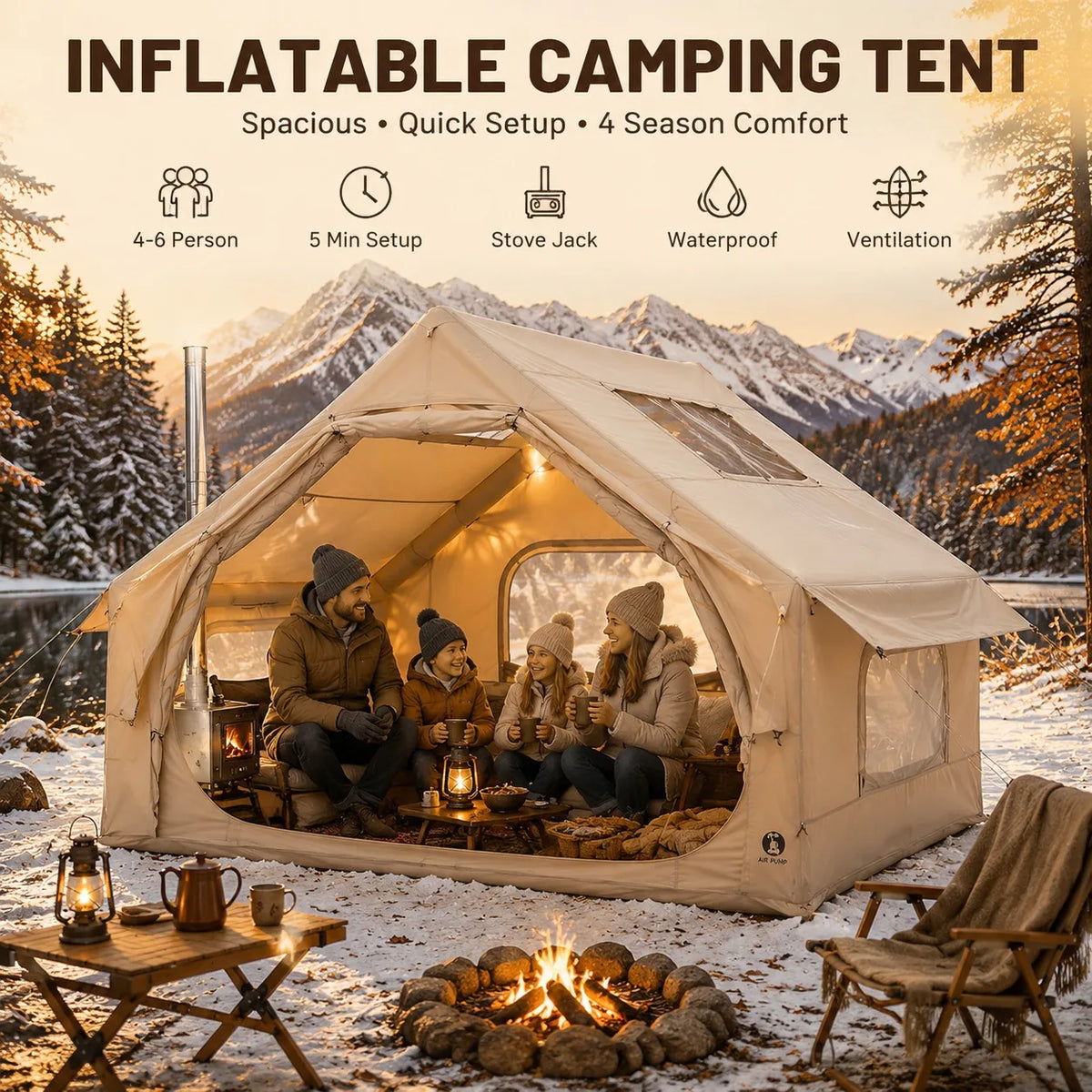 4 to 6 Person Inflatable Camping Tent 4 Season Large Family Air Tent with Roof Window Awning Stove Jack Hand Pump 10 x 8 Ft Floor 7 Ft Peak Height Waterproof Oxford Fabric Dual Doors Mesh Windows for Fall Winter Hiking Campin
