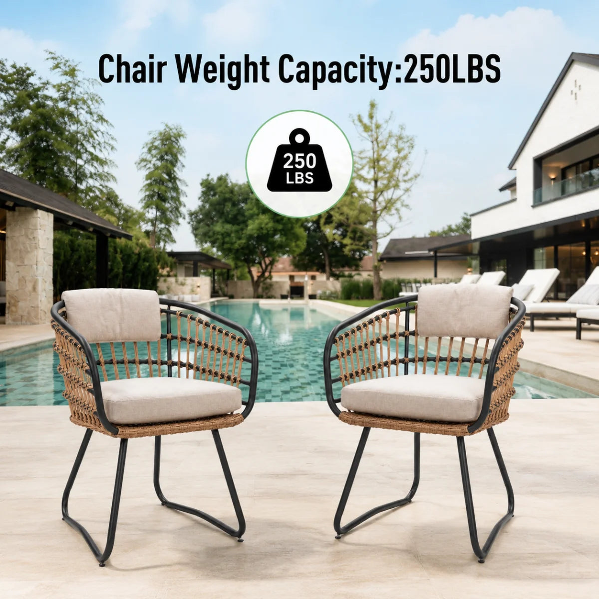 Outdoor Wicker Dining Chairs Set of 2, Patio Dining Chairs with Cushions, Rattan Dining Armchairs for Lawn, Garden, Poolside, Backyard, Porch, Beige    RR