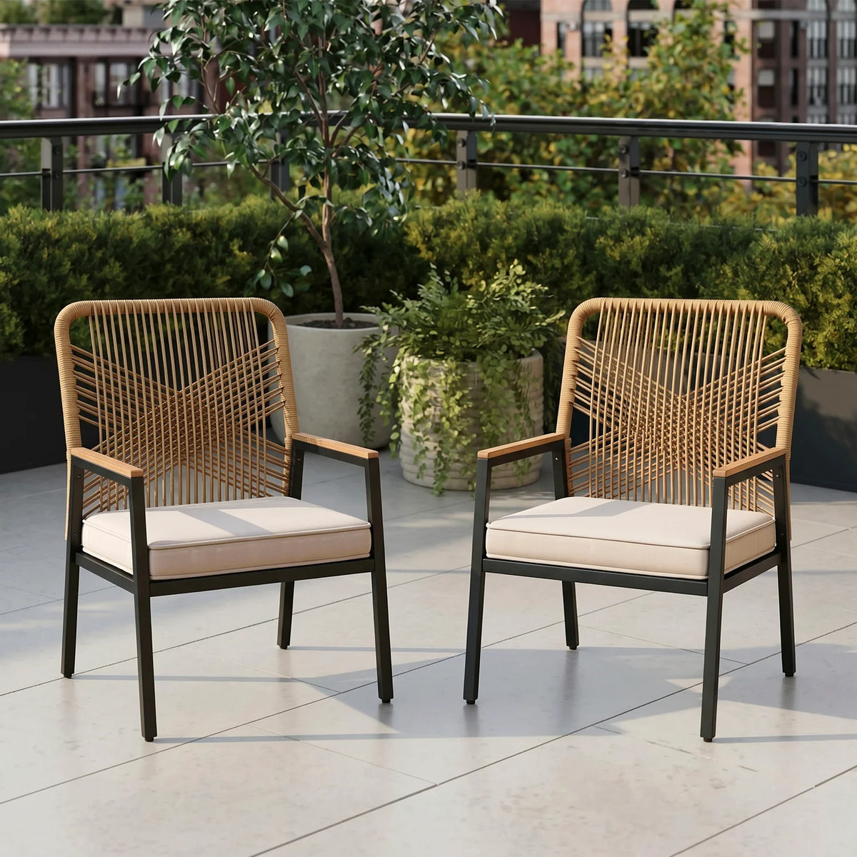 2Pcs Garden Rattan Patio Chairs With WPC Armrests Outdoor Seating