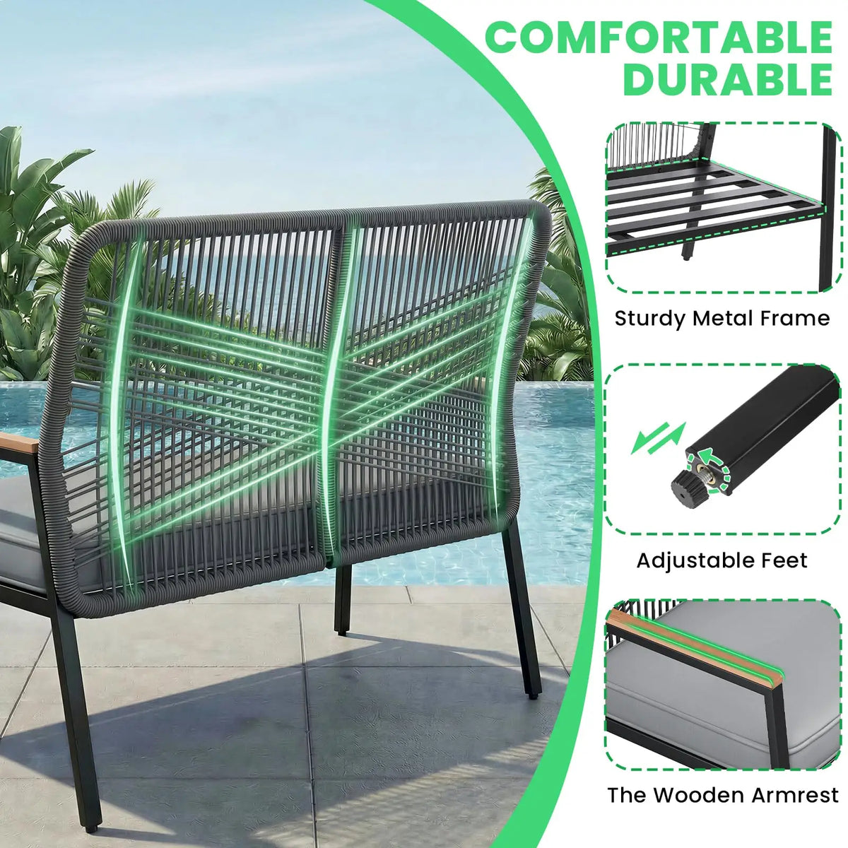 Rattan Patio Loveseat for 2 with Cushion,Patio Loveseat with Curved Back and WPC Armrest,Two-Person Seating for Porch,Balcony,Terrace