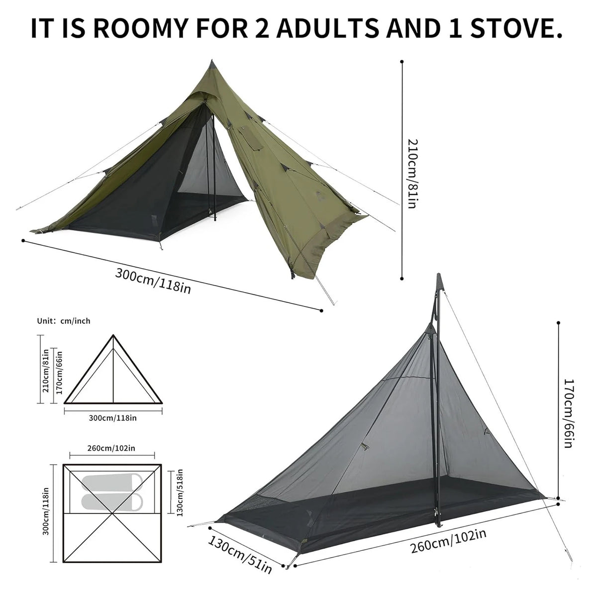 Naturehike 2-4 Person Chimney Tipi Camping Tent Pyramid