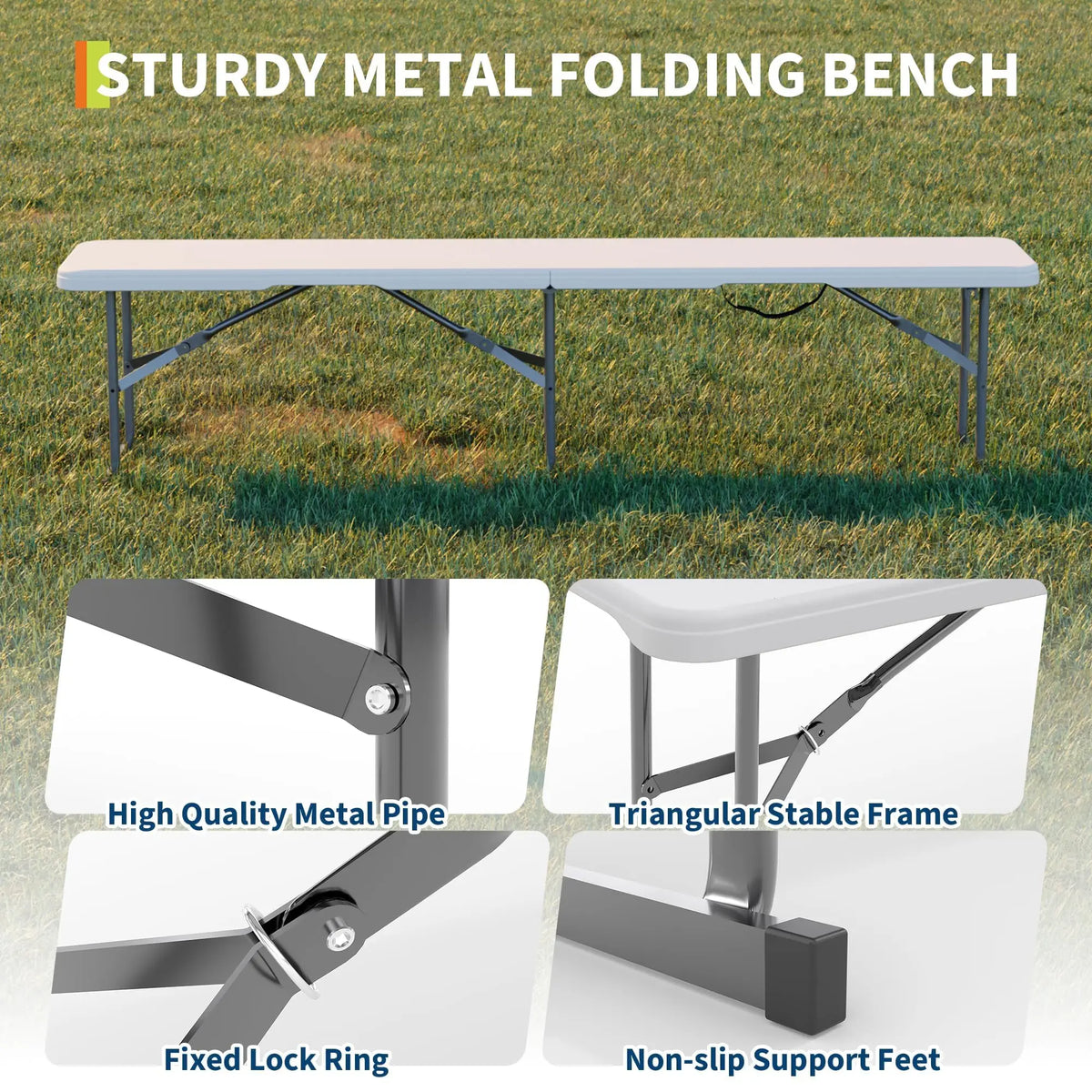 2‑Pack 6 FT Outdoor Folding Plastic Bench, Portable Camping Picnic Bench with 4cm Thick Scratch‑Stain Resistant HDPE Tabletop